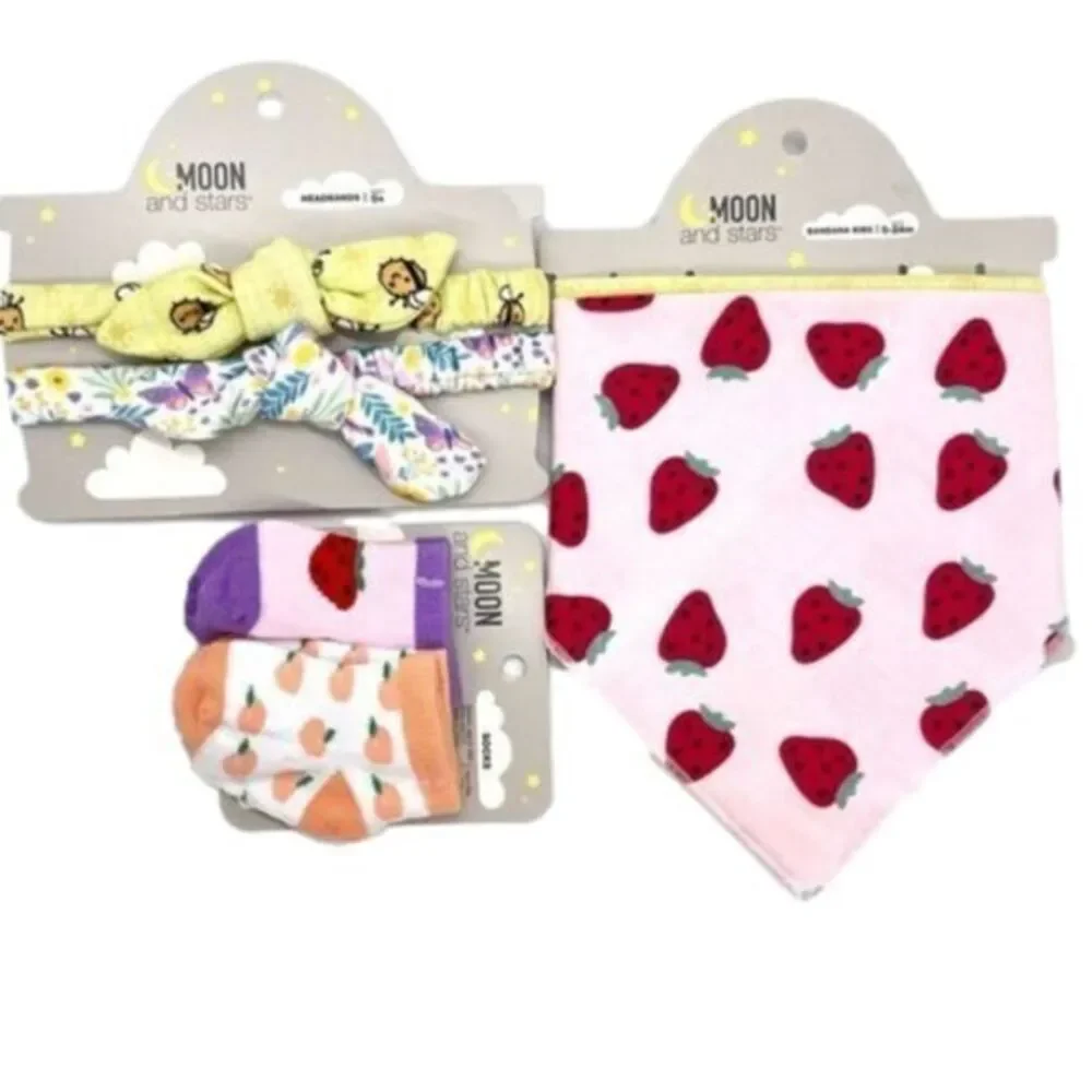 Moon & Stars Baby Bib, Headband and Socks Set New Strawberry, Butterfly, Bee